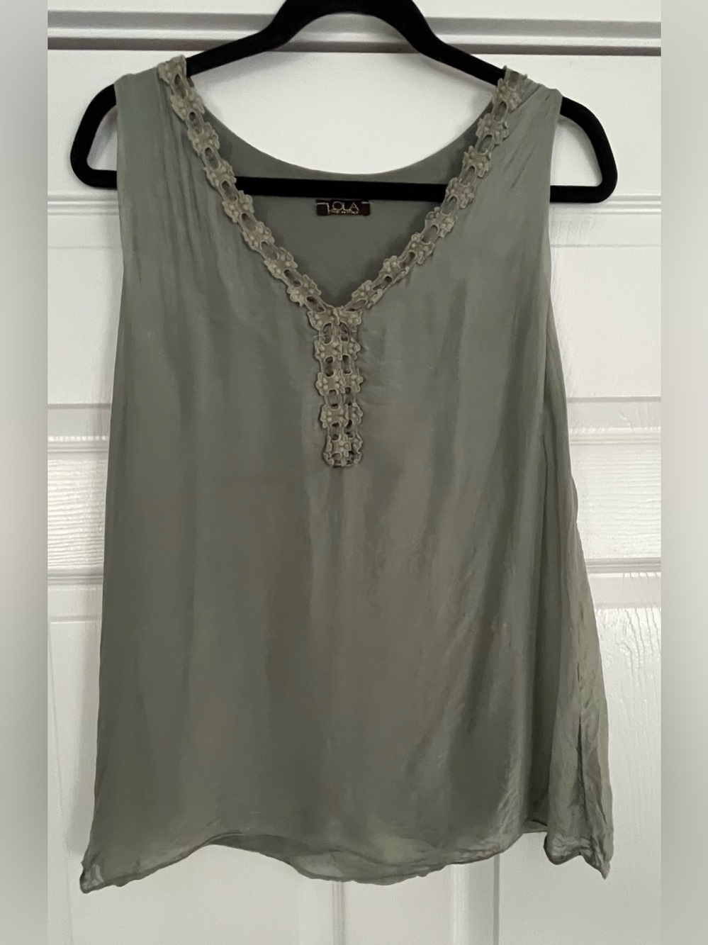 Lola Silk Vintage-Inspired Olive Green Sleeveless Top with Lace Trim